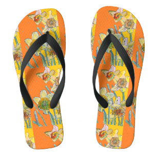Chinelos Padrão Floral de Narciso Laranja Amarelo Arte