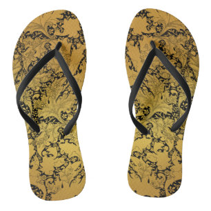 Chinelos Padrão Floral Dourado Flor Oriental