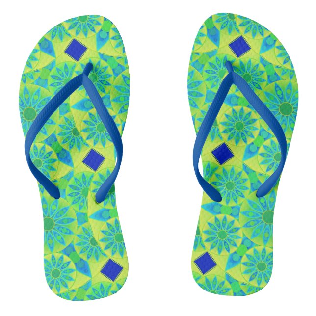 Chinelos Padrão Mandala, turquesa, azul, verde limão (Pé da cama)