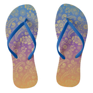 Chinelos Paisley de Luxo Dourado em Azul, Roxo e Laranja
