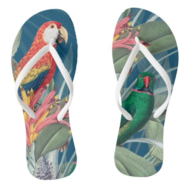 Chinelos Papagaios tropicais e Azul Escuro Floral (Pé da cama)