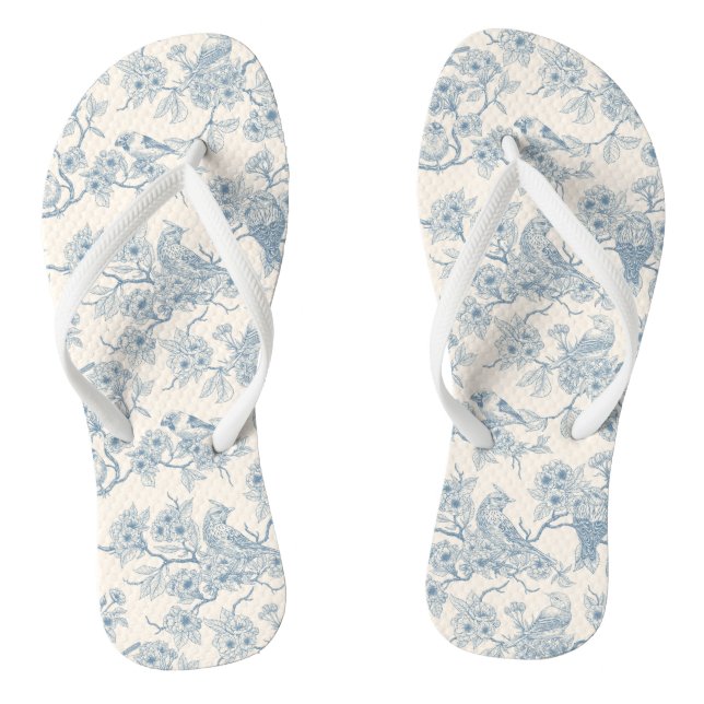 Chinelos Pássaros e flor de cerejeira em azul e branco esma (Pé da cama)