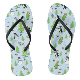 Chinelos Pinguim de Natal patinando no gelo e pescador de u