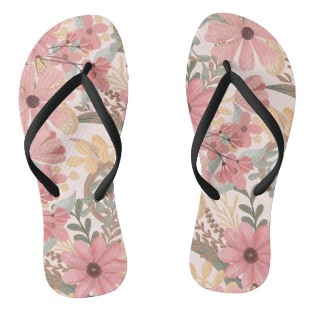 Chinelos Pink Sage Green Floral deixa padrão de aquarela (Pé da cama)
