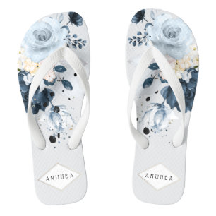 Chinelos PixDezines Rosas Watercolor Azul Empoeirado + Azul