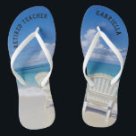 Chinelos Praia De Professora Reformada Com Cadeiras Em Arei<br><div class="desc">O presente perfeito para a professora aposentada!  Só a tempo de vestir chinelos para a praia todos os dias.  Há uma praia calma com o oceano e duas cadeiras na areia. Eles têm "professor aposentado" neles.  Na sacudir direita,  personalize com seu nome.</div>