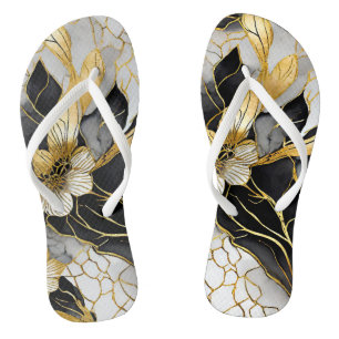 Chinelos Preto Floral Japonês Dourado
