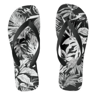 Chinelos Pretos e Brancos de Folhas Tropicais para