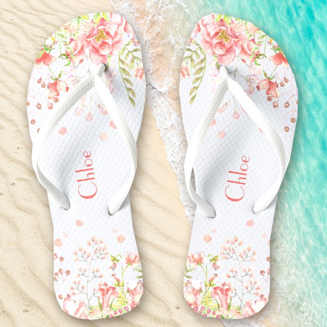 Chinelos Romântico Nome Floral Branco Rosa (Romantic Floral Name White Pink Flip Flops)