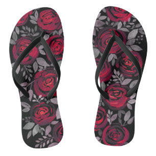 Chinelos rosas de aquarela, rosas vermelhas a preto