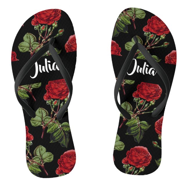 Chinelos Rosas vermelhas de nome personalizado (Pé da cama)