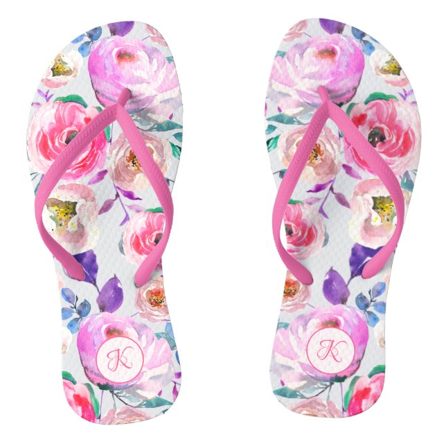 Chinelos Roxo Roxa Monograma Floral Pintado (Pé da cama)