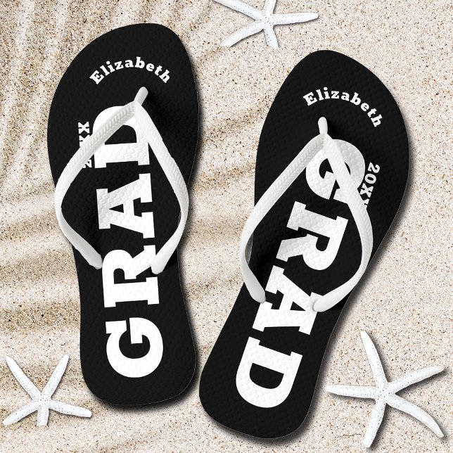 Chinelos Sacudir Classe de Mais velho de Graduação Preto e  (Black and White Graduation Senior Class Flip Flops)