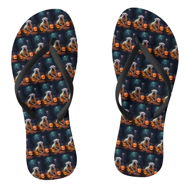 Chinelos Shar Pei de Halloween com Abóboras Assustador (Pé da cama)