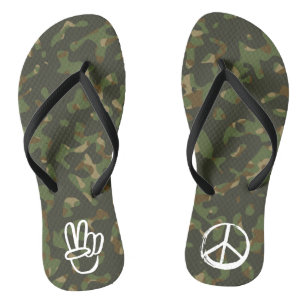 Chinelos Símbolo PEACE Sinal de Mão V Camuflagem Verde de