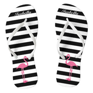 Chinelos Stripes Pretas e Brancas com Flamingo 🦩 Rosa