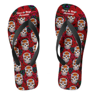 Chinelos Sugar Skull Cinco de Mayo Red Floral Nome