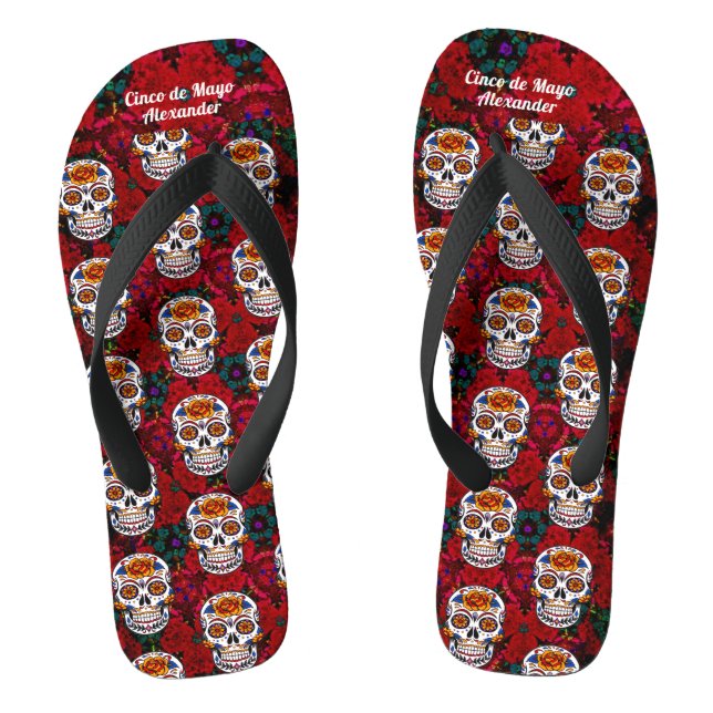 Chinelos Sugar Skull Cinco de Mayo Red Floral Nome (Pé da cama)