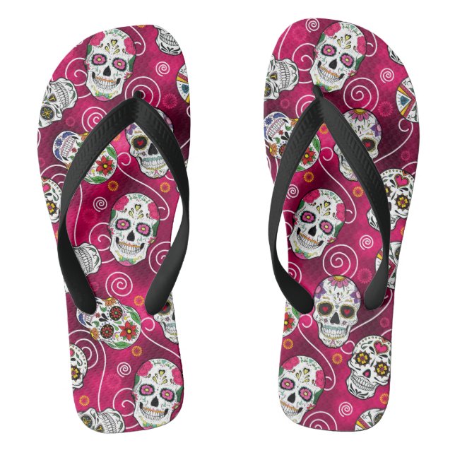 Chinelos Sugar Skulls and Swirls Rosa Red ID725 (Pé da cama)