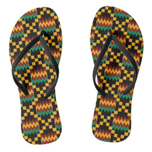 Chinelos Tecido Kente Preto, Verde, Vermelho e Amarelo