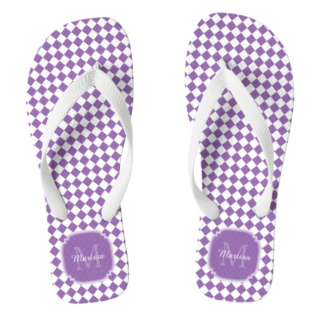Chinelos Tênue Roxo Claro Xadrez Monogramado Nome (Pé da cama)