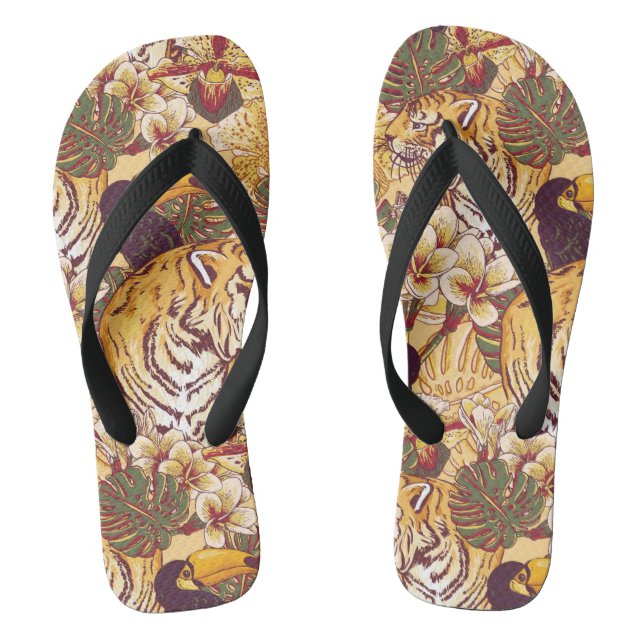 Chinelos Teste padrão floral tropical com tigre (Pé da cama)