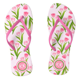 Chinelos Tulipa Floral Flores Folhas Monograma F Rosa Bonit