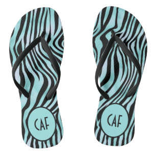 Chinelos Turquesa Aqua Preto Estampa de Zebra Monograma