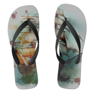 Chinelos Um imenso navio pirata a aquarela veleja no mar