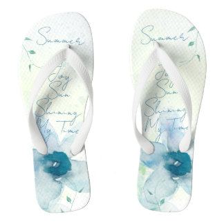 Chinelos Verão Texto Azul Floral Aguarela Pintada à Mão