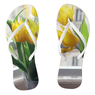 Chinelos Vista através de Tulipas Amarelas