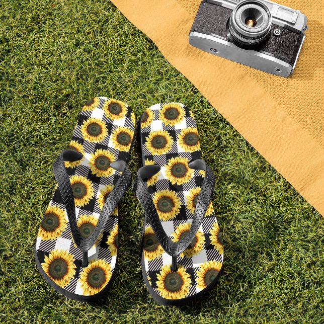 Chinelos Xadrez de búfalos Girassol Negro Branco (Criador carregado)