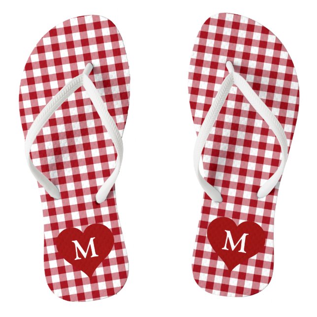 Chinelos Xadrez Gingham Vermelho Monograma Moderno (Pé da cama)