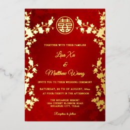 Chinês Bilingue | Casamento Floral Vermelho Dourad