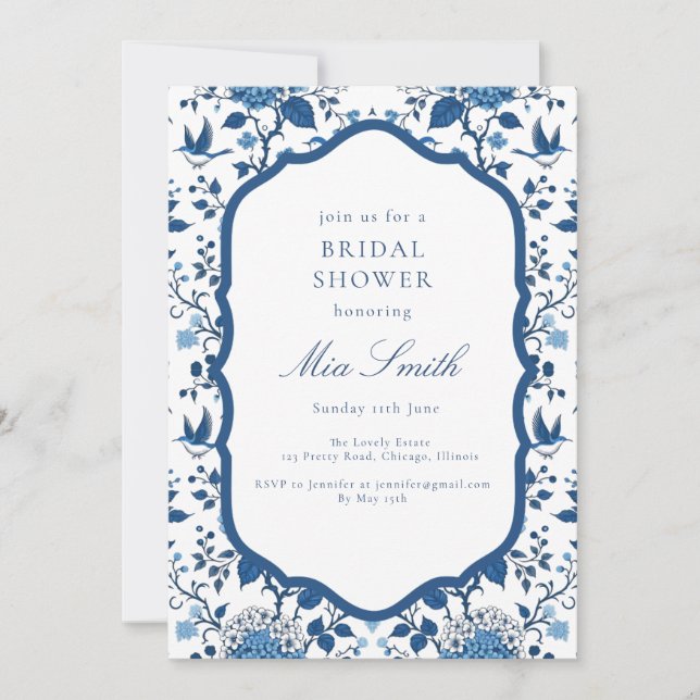 Chinoiserie Blue Flowers e Birds Convite (Frente)