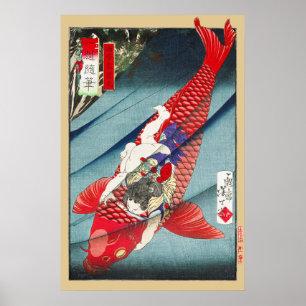 Chinoiserie Carpa Koi Vermelha e Impressão de Meni