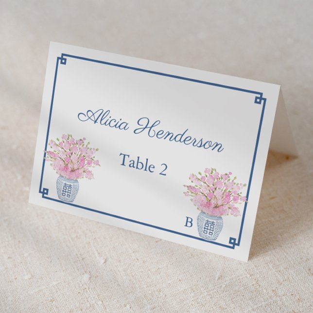 Chinoiserie Chic Pink E Cartão De Casamento De Mar (Chinoiserie chic navy and pink individual place cards for wedding, bridal shower or baby shower)