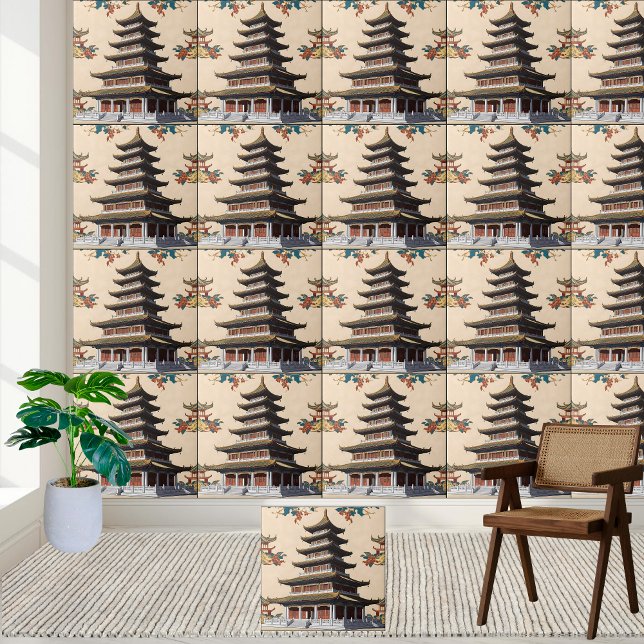 Chinoiserie Chinoiserie inspirada na Ásia (Asian-Inspired Floral Temple Chinoiserie Pagoda Ceramic Tile)
