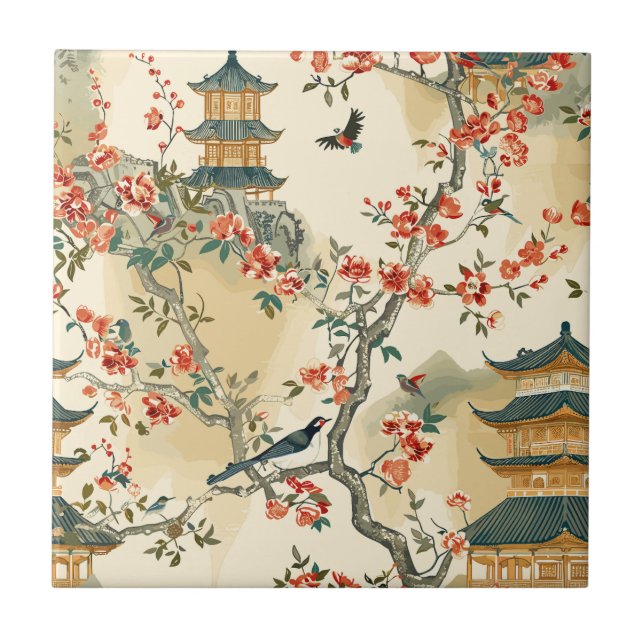 Chinoiserie Elegante - Pagodes, Flores e Aves (Frente)
