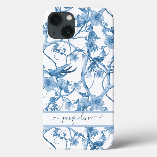 Chinoiserie Floral Bird Dusty Blue n White Script (Verso)