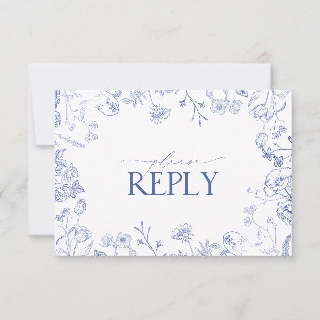 Chinoiserie França Blue Victorian Floral RSVP Card (Frente)