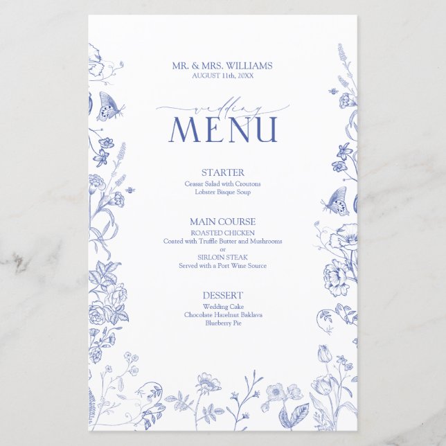 Chinoiserie French Blue Victorian WedMenu (Frente)
