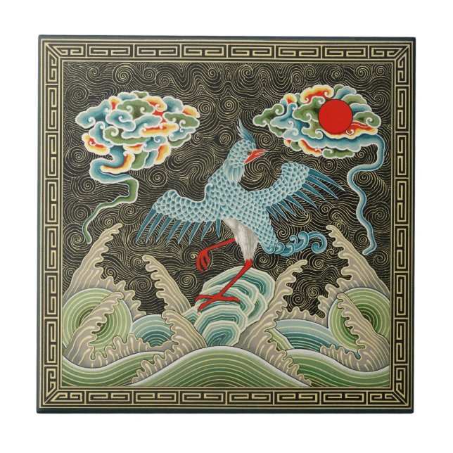 Chinoiserie padrão de Garça Dourada e Onda do Mar (Frente)