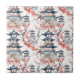 Chinoiserie Pagode Azul Floral Rosa Blossom