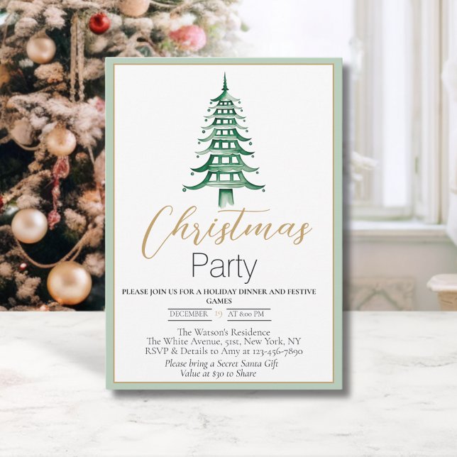 Chinoiserie Sage Green Pagoda Convite de Natal (Chinoiserie Pagoda Christmas Tree- Christmas Party invitation)