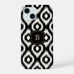 Chique Estiloso Preto Marfim Diamante Ikat Monogra