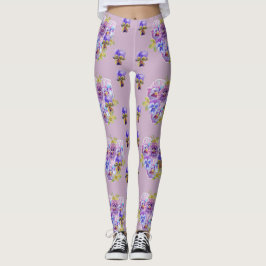 Chique Lilac Roxo Pansy Leggings Florais
