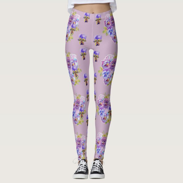 Chique Lilac Roxo Pansy Leggings Florais (Frente)