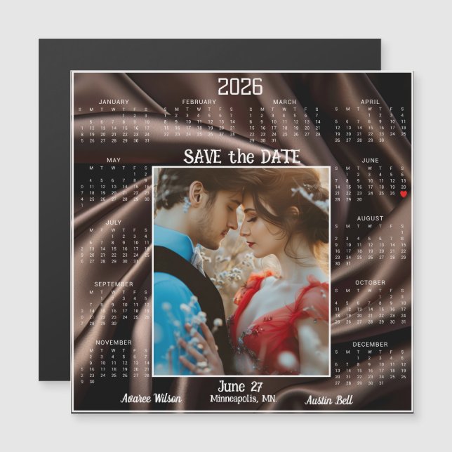 Chocolate Luxury Satin Save Date Engaged Couple (Frente/Verso)