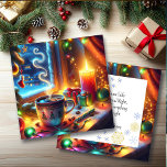 Chocolate Quente em uma Janela de Natal Personaliz<br><div class="desc">Uma bonito cena de Natal com uma taça quente de chocolate quente,  uma vela acesa numa noite de neve. À medida que a neve cai nesta noite mágica,  desejo-lhe tudo de feliz e brilhante. Um doce cartão de férias personalizado para lhe dar uma vibração calorosa e acolhedora.</div>